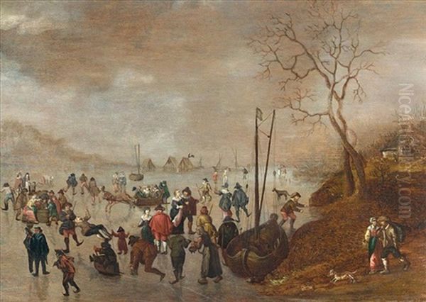 A Winter Landscape With Figures Skating On A Frozen River Oil Painting by Anthonie van Stralen