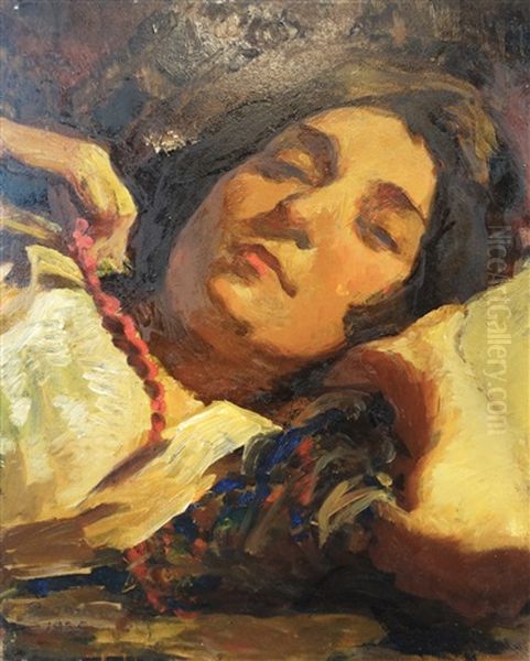 Margareta-elvira Cofcinschi's Portrait Oil Painting by Ipolit Strambulescu (Strambu)