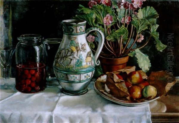 Stilleben Mit Eingemachten Kirschen, Fruchten, Und Blumentopf Oil Painting by Benjamin A. Strasser