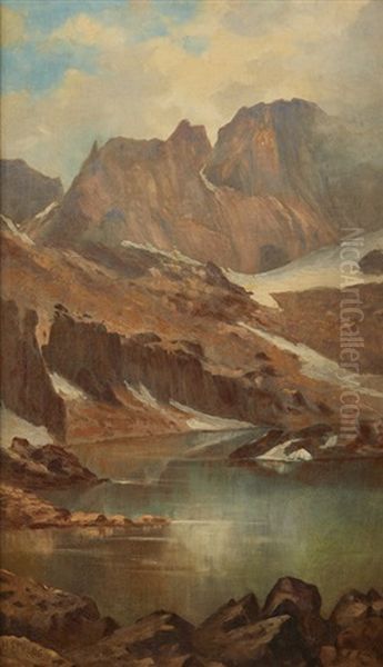 Snow Covered Mountain Landscape With Lake Basin Oil Painting by Meyer Straus