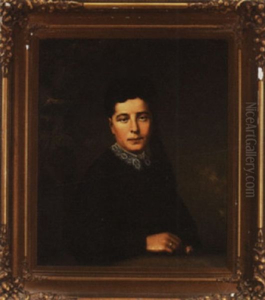 Portrait Of Lady In Black Holding A Rose Oil Painting by Raphael Strauss