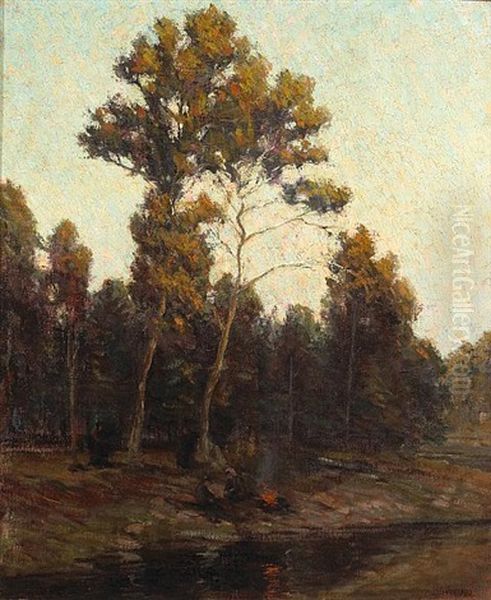 Two People At A Campfire On A Riverbank Oil Painting by Harold Arthur Streator