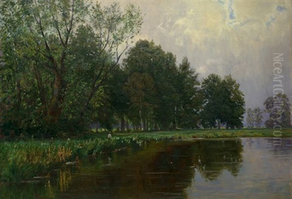 Sommer - Bewaldetes Flusufer An Einem Bewolkten Sommertag Oil Painting by Stephanie Von Strechine