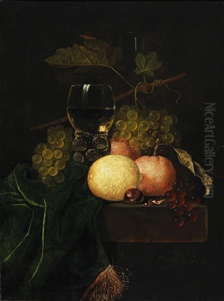 Still Life Of Fruit With Grapes, A Lemon And A Wine Glass, Oil Painting by Hendrick van Streeck