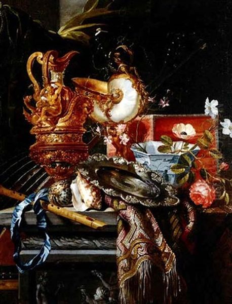 Elaborate Still-life Of Various Objects On A Shelf          Draped With A Carpet Oil Painting by Hendrick van Streeck