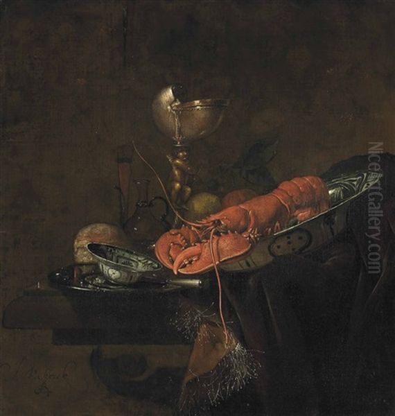 A Lobster, A Peach And A Lemon In A Wanli Kraak Porcelain Plate, A Loaf Of Bread, A Bowl And A Knife On A Pewter Plate, A Gilt Nautilus Cup And A Wine... Oil Painting by Juriaen van Streeck