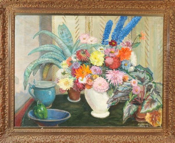 Tischstilleben Mit Blumenstraus, Topfpflanze, Kaktus, Bierkrug Und Paprika In Einer Schale Oil Painting by Adolf Streicher