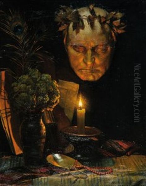 Atmospharisches Stillleben Mit Totenmaske Und Kerze Oil Painting by Ludwig Streitenfeld