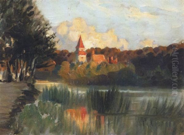 Turm Und Hauser In Einer Flusslandschaft Oil Painting by Ludwig Streitenfeld