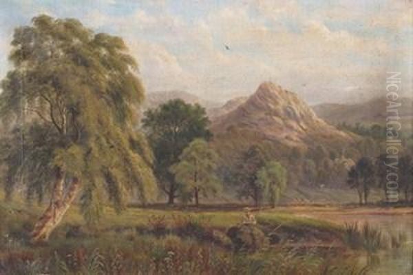 Wooded Landscapes With A Fisherman And A Rustic Oil Painting by Roman Bratkowski