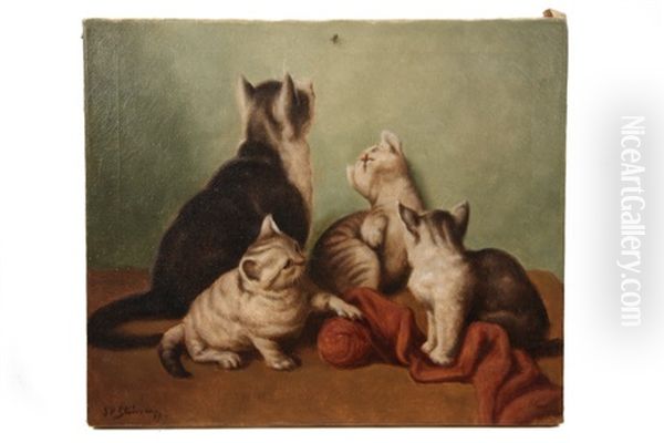 Cat With Four Kittens With Fly On Wall Oil Painting by Jan Striening