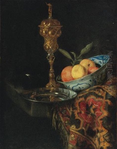 A Still Life With A Bowl Of Oranges, A Pewter Plate And A Gilt Cup Oil Painting by Christian Striep