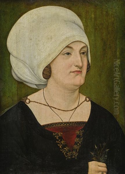 Portrait Of A Lady, Bust-length, In A Gold Embroidered Black Dress And A White Headdress, Holding A Sprig Of Nightshades And Forget-me-nots Oil Painting by Bernhard Strigel