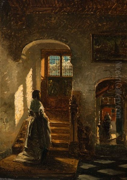 A Young Lady Standing By A Staircase Oil Painting by Johannes Anthonie Balthasar Stroebel