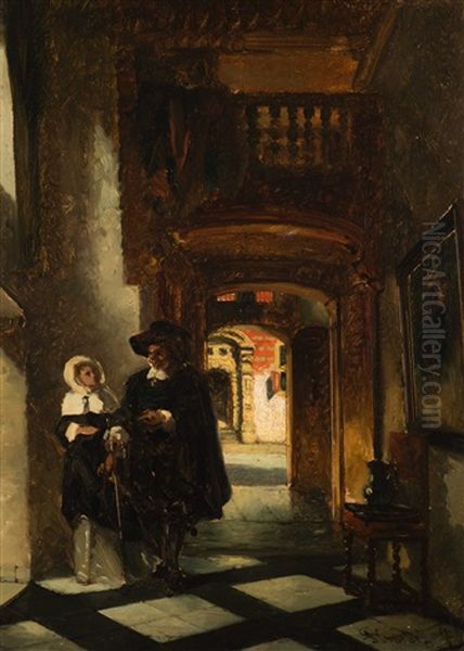 A Lady And A Gentleman In The Hall Of A Patrician House Oil Painting by Johannes Anthonie Balthasar Stroebel