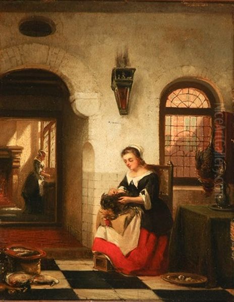 Interior Domestic Scenes: A Pair Of Works Oil Painting by Johannes Anthonie Balthasar Stroebel