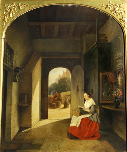 An Interior With A Woman Seated By An Open Door Arched Top Oil Painting by Johannes Anthonie Balthasar Stroebel