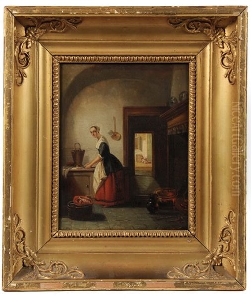 Maid At Work In Kitchen Oil Painting by Johannes Anthonie Balthasar Stroebel