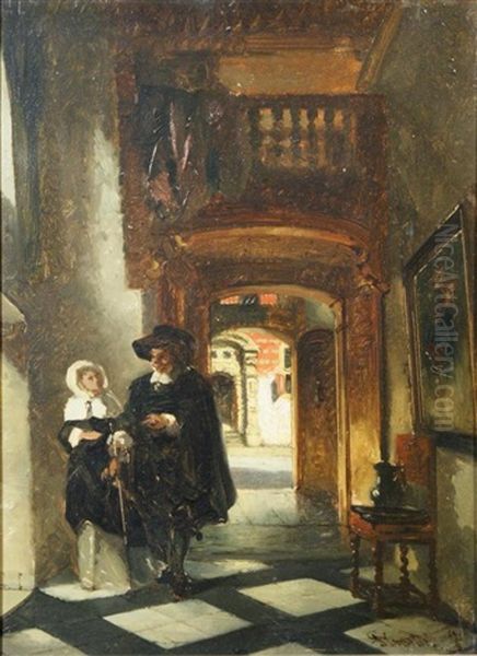 Couple In 17th Century Clothes Oil Painting by Johannes Anthonie Balthasar Stroebel