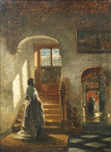Lady At The Foot Of The Stairs Oil Painting by Johannes Anthonie Balthasar Stroebel