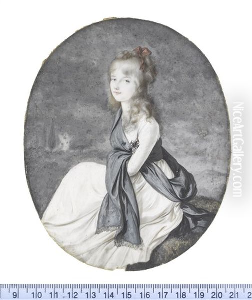 A Young Girl, Possibly Princess Alexandrine Of Prussia (1803-1892), Seated In A Landscape, Wearing White Dress With Wide Brown Waist Sash... Oil Painting by Eduard (Peter Eduard) Stroehling