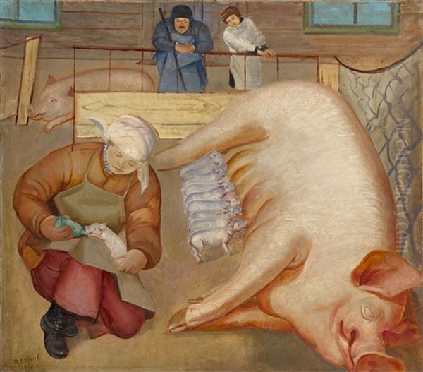 On A Pig Farm Oil Painting by Petr Stroyev