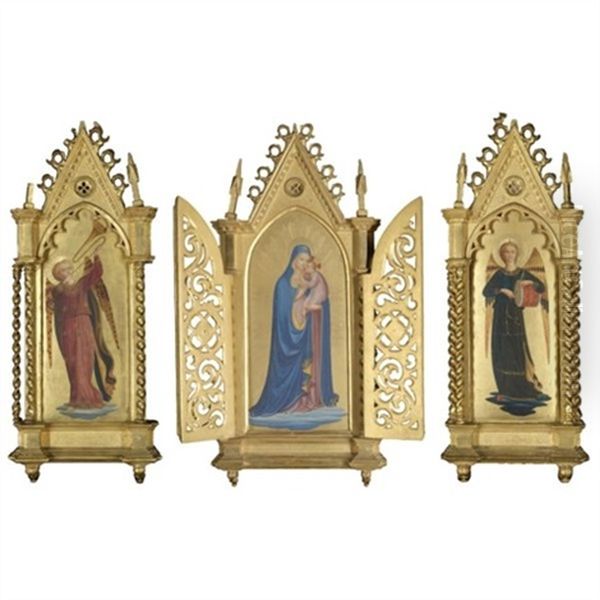 Central Panel: The Madonna And Child; Left Wing: An Angel Playing A Trumpet; Right Wing: An Angel Playing A Drum (triptych; In Collab. W/giovanni Da Fiesole) Oil Painting by Zanobi Strozzi