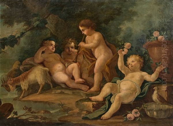 Playing Putti In Landscape Oil Painting by Peter Strudel