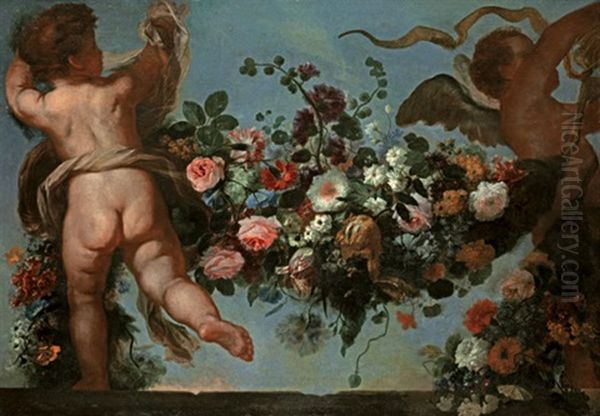 Zwei Putti Mit Blumengirlande Oil Painting by Peter Strudel