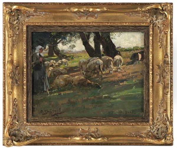 Schaferin Mit Ihrer Herde Oil Painting by Otto Struetzel