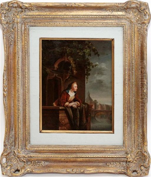 Lady With A Blue Mantilla Overlooking City From Balcony Oil Painting by Abraham Ii Van Stry