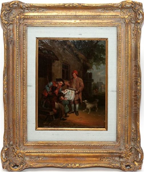 Family Scene With Vendor Of Pictures Outside An Inn Oil Painting by Abraham Ii Van Stry