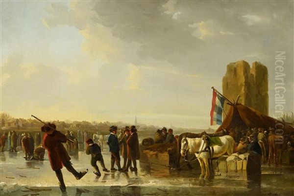 Die Gefrorene Maas Mit Merweder Turm Oil Painting by Abraham Ii Van Stry