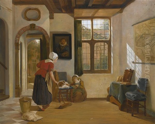 Interior With A Maid, A Girl With A Dog, And A Map Of Dordrecht Oil Painting by Abraham Ii Van Stry