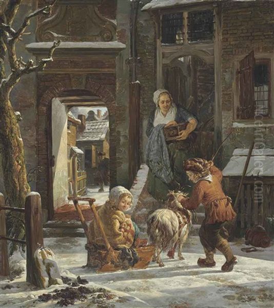 A Snowy Outdoor Courtyard With Children Playing On A Goat-drawn Sleigh Oil Painting by Abraham Ii Van Stry