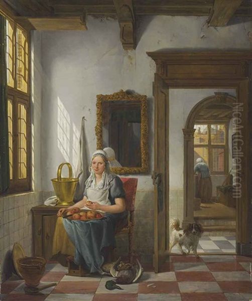 An Interior With A Woman Peeling Apples Oil Painting by Abraham Ii Van Stry