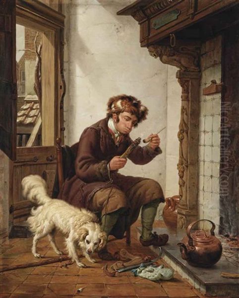 A Man Smoking A Pipe Near The Fireplace, A Dog At His Feet Oil Painting by Abraham Ii Van Stry