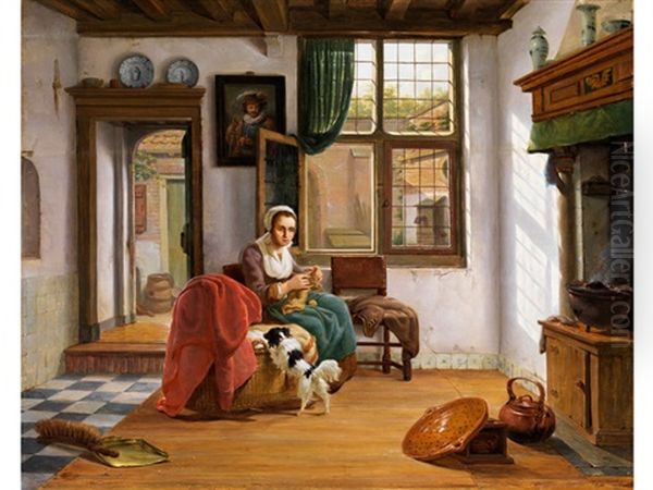 Hollandisches Interieur Mit Strickender Junger Frau Und Hund Oil Painting by Abraham Ii Van Stry