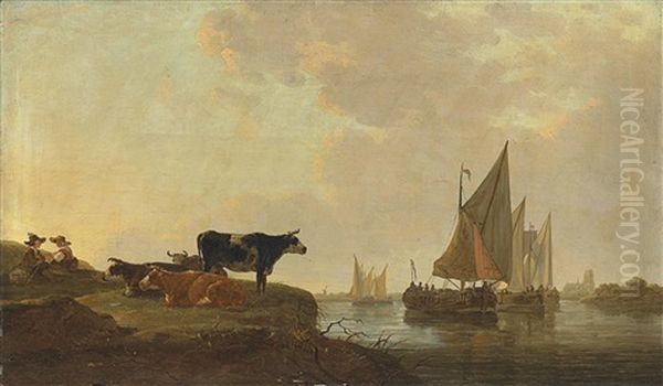 Drovers And Their Cattle On A River Bank, With Shipping And A Cathedral Beyond Oil Painting by Jacob Van Stry