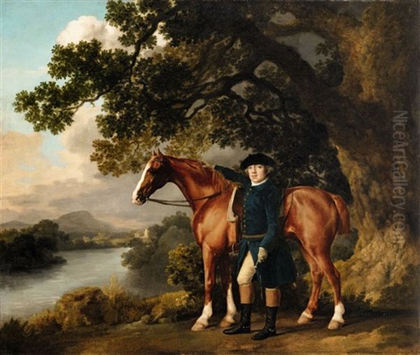 A Gentleman In Riding Clothes Standing Beside A Chestnut A Hunter Oil Painting by George Stubbs
