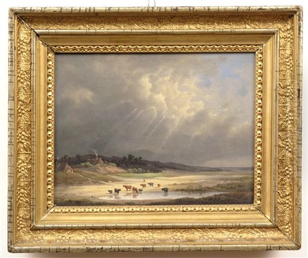 Kuhe An Der Tranke Oil Painting by Heinrich Stuhlmann