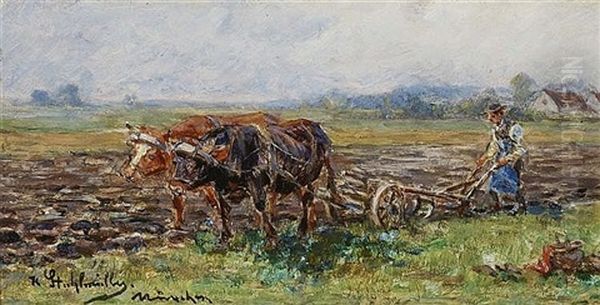 Ploughing Farmer Oil Painting by Karl Stuhlmueller