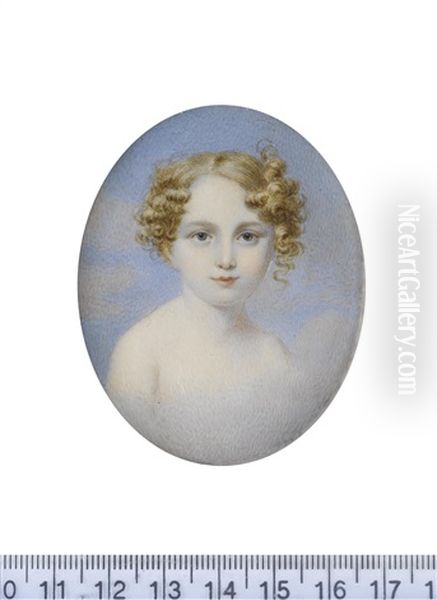 A Memorial Portrait Miniature Of A Child With Strawberry-blonde Hair Cropped Short And Curled In Ringlets, Floating In A Sky Background Oil Painting by Samuel John Stump
