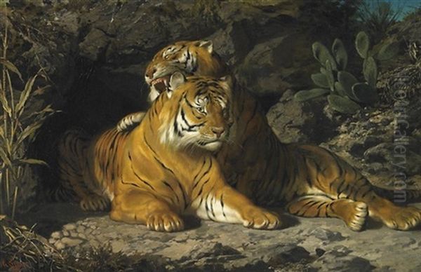 Tigerpaar Vor Felsenhohle Oil Painting by George Sturm