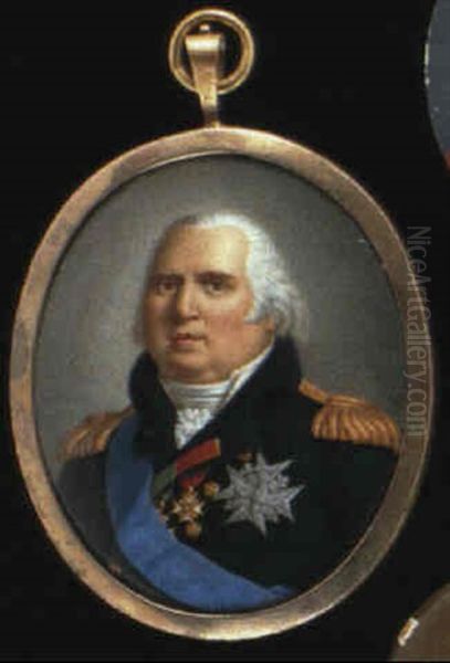 Louis Xviii, King Of France And Navarre, With White Hair,   Wearing A Dark Blue Uniform With Gold Lace Oil Painting by Pierre-Henri Sturm