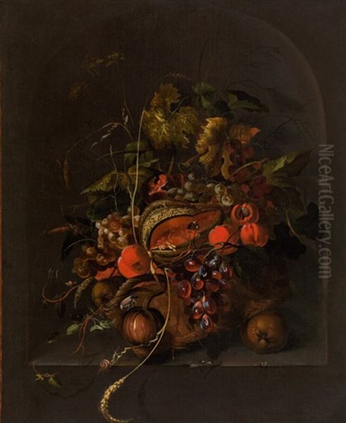 Still Life With Fruits, Vine Leaves, Ears Of Corn And Insects In A Stone Niche Oil Painting by Ernst Stuven