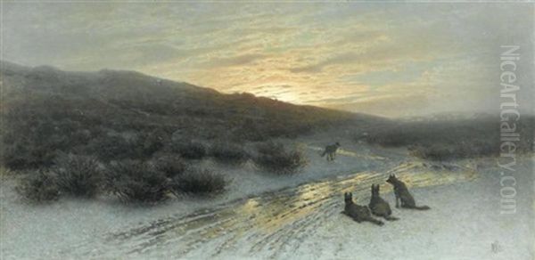 Schneelandschaft Mit Wolfen Bei Abendrot Oil Painting by Zdzislaw Suchodolski