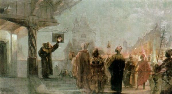 Die Sternsinger Auf Ihrem Weg In Einer Nachtlichen Mittelalterlichen Stadt Oil Painting by Zdzislaw Suchodolski