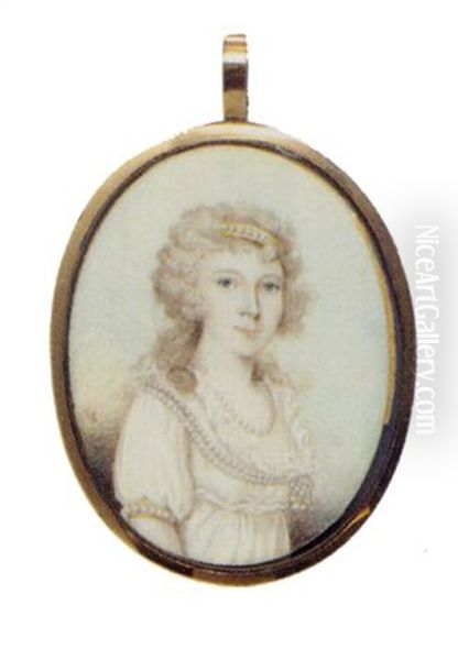 Portrait Of A Lady Wearing White Dress, With Pearls And White Fichu, Her Powdered, Over-the-shoulder Hair Set With A Pearl-studded Comb Oil Painting by Lawrence Sully