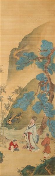 Sun Kehong: Color And Ink On Silk 'figures' Painting Oil Painting by Sun Kehong